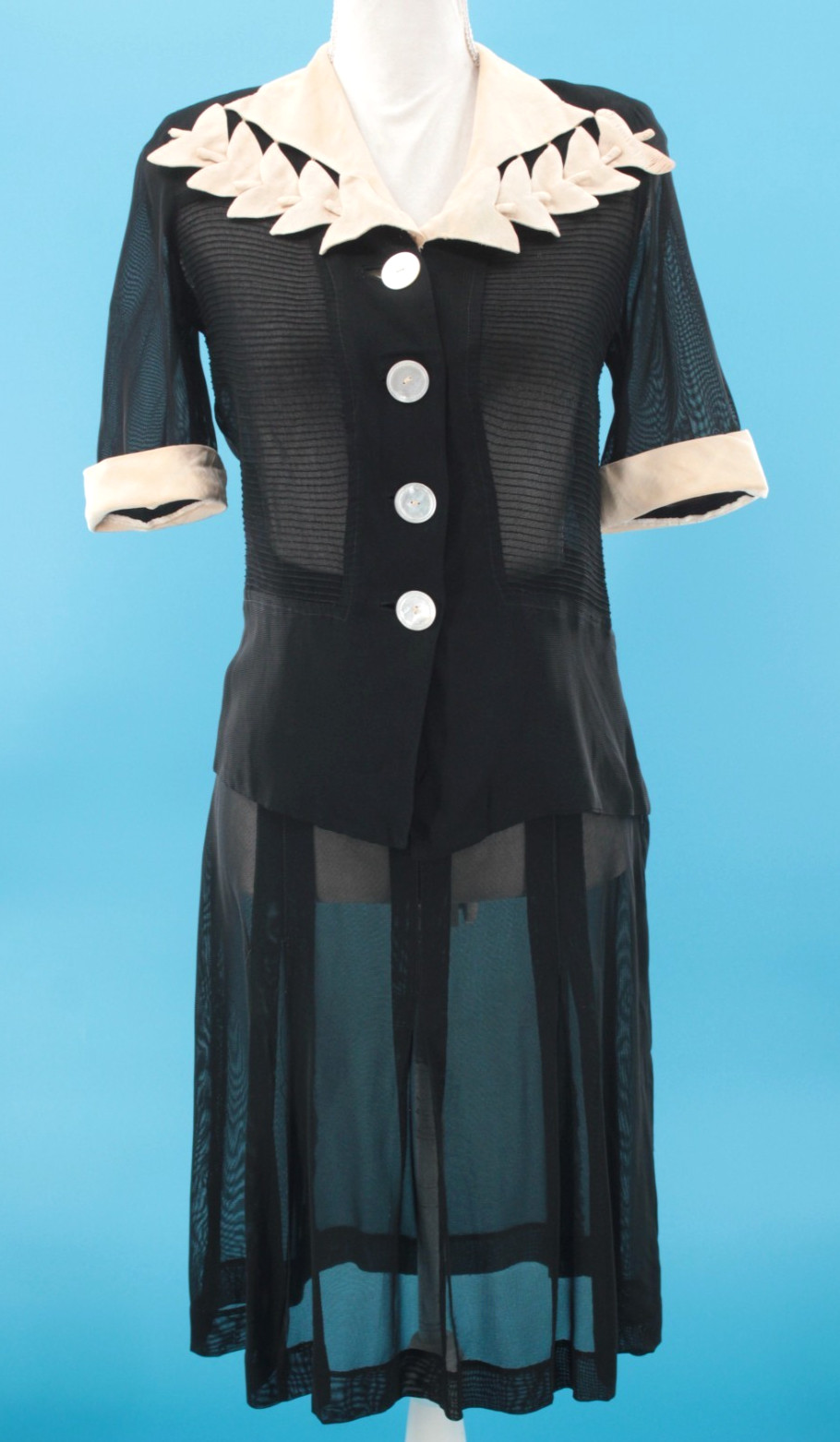 VTG Women’s 30s 2 Pc Black & Cream Trim Sheer Dress Set Sz S 1930s Dress Suit