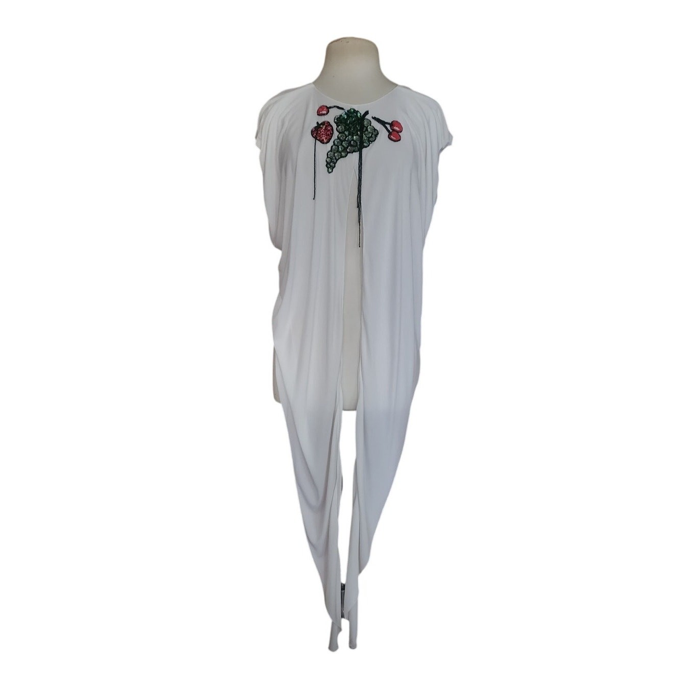 Vintage 1980s Holly Harp Top or Tunic Silk Jersey Fruit Sequins Beaded Fringe