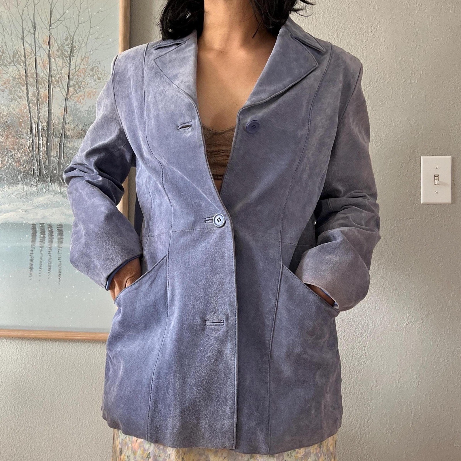 Vintage 1990s Lavender Suede Jacket Minimalist Leather Blazer Lage