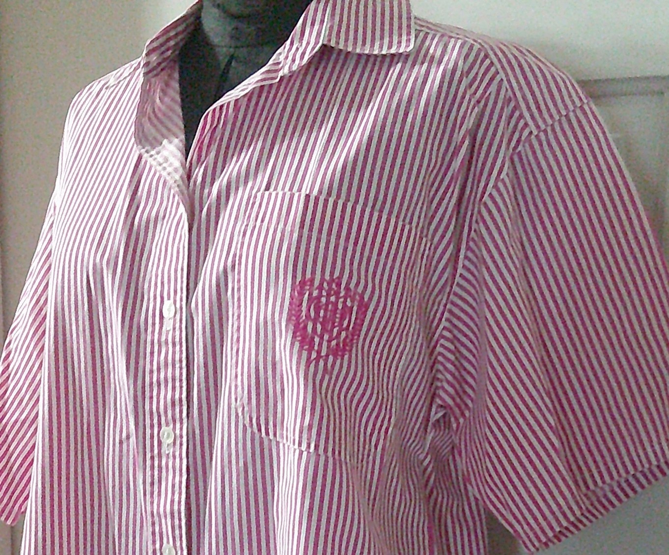 80’s CASUAL CODE SS Pink Stripe Embroidered Button Up Shirt Top Blouse L