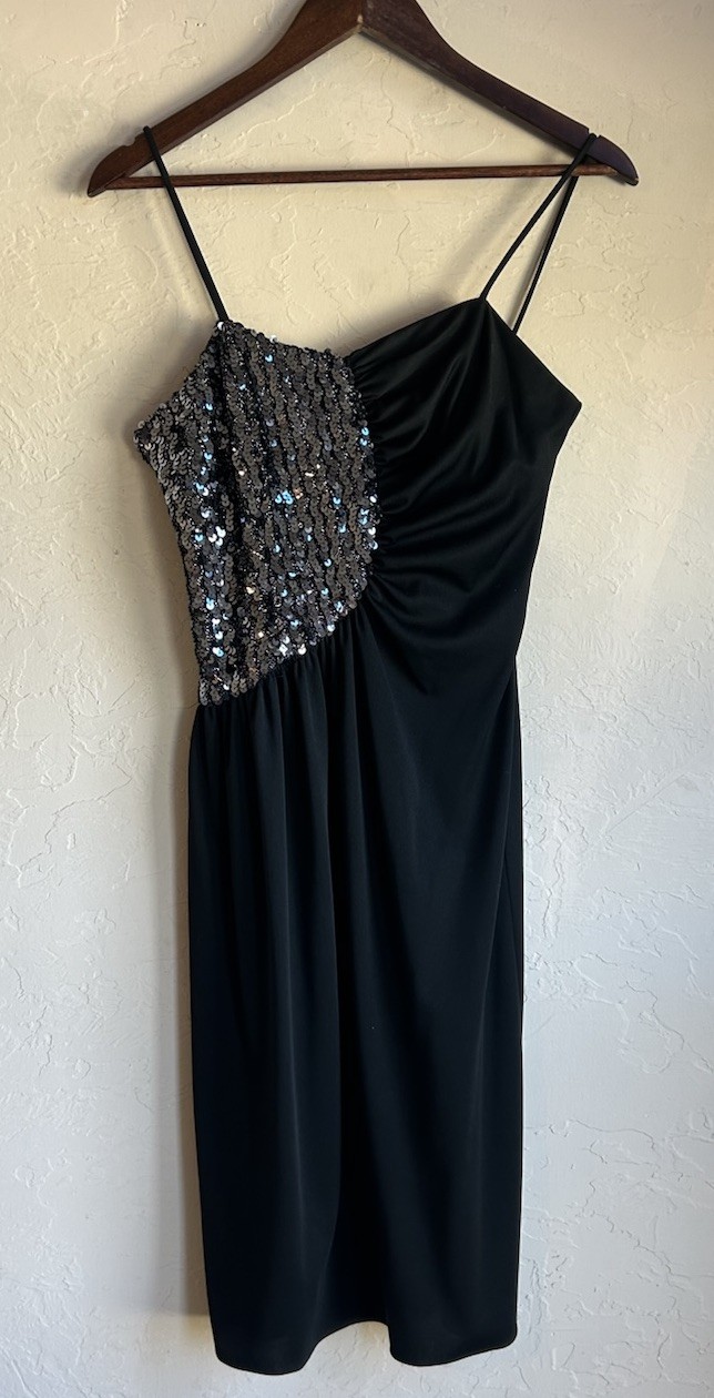 Vintage 80s Glenrob Black Sequin Asymmetrical Cocktail Dress S Studio 54 Glam
