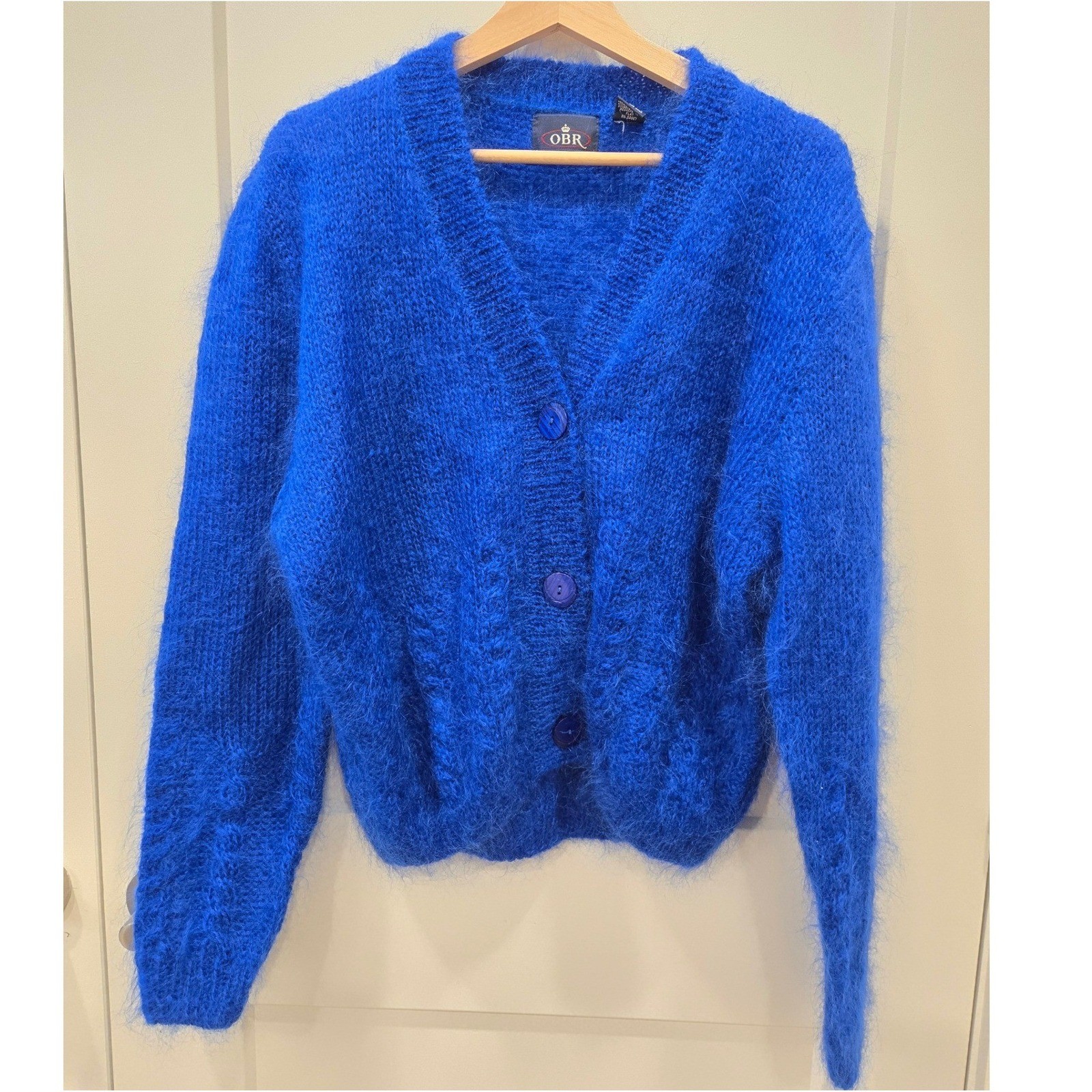 OBR Vintage Royal Blue Mohair Wool Blend V-Neck Fuzzy Cardigan Sweater Large