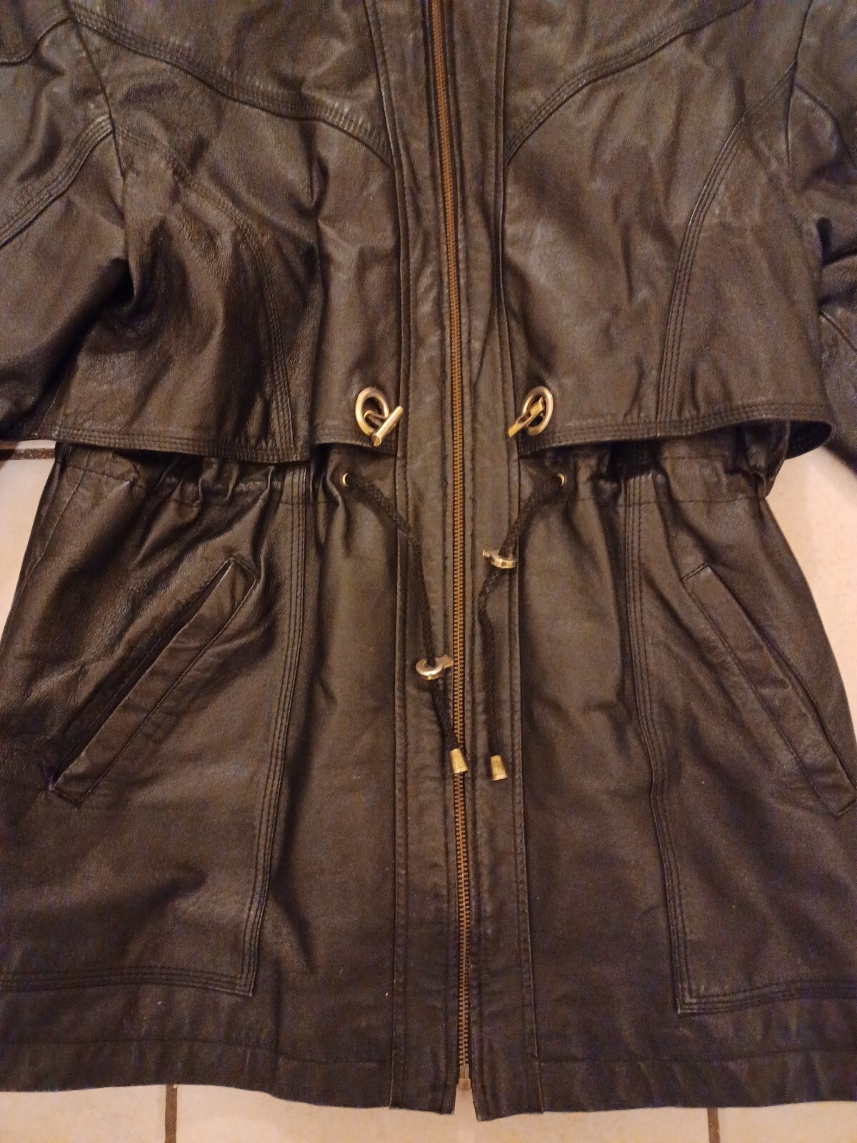 Vintage 90s YKK LEATHER DRAW STRING JACKET Women’s Meduim Long 32″