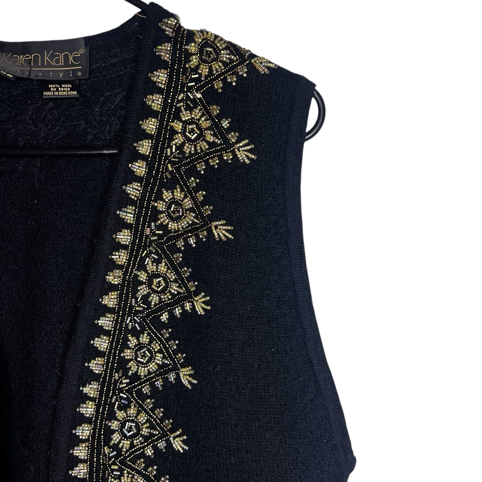 Black Wool Women Vintage Vest w/ Bronze & Silver Embroidered Beading