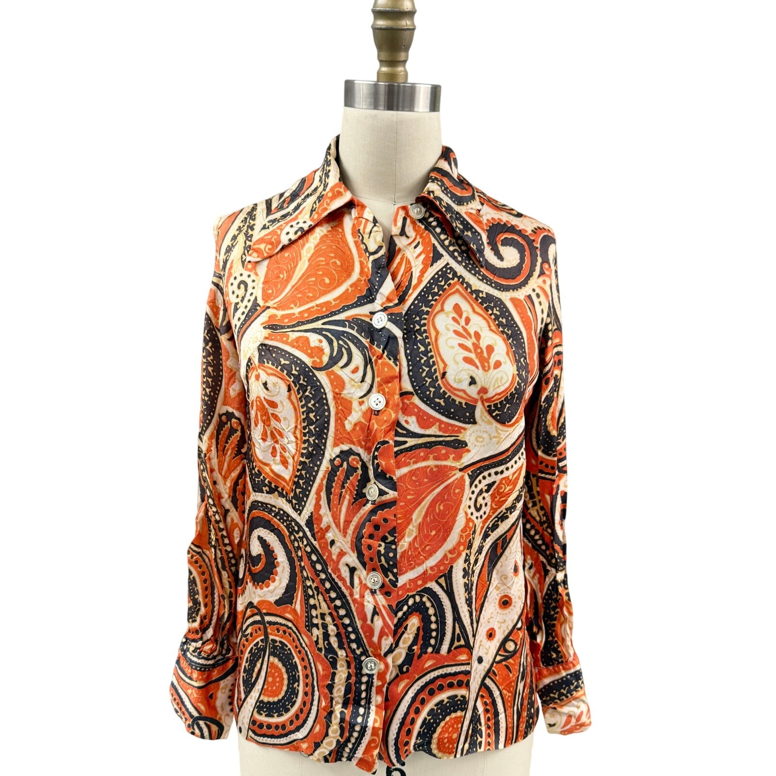 Authentic VTG 70s Russ Blouse 10/32 Abstract Floral Crinkled Nylon Huge Collar