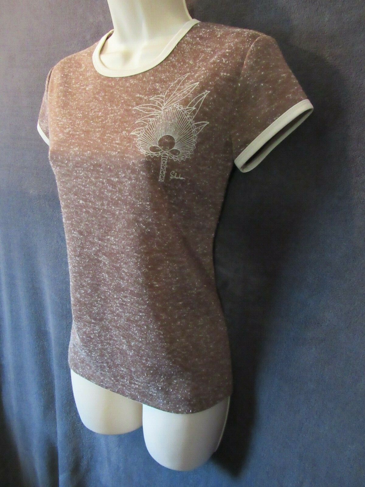 70’s Vintage Miss Shaheen California Hawaii Brown Taupe Speck Knit T Shirt Top M