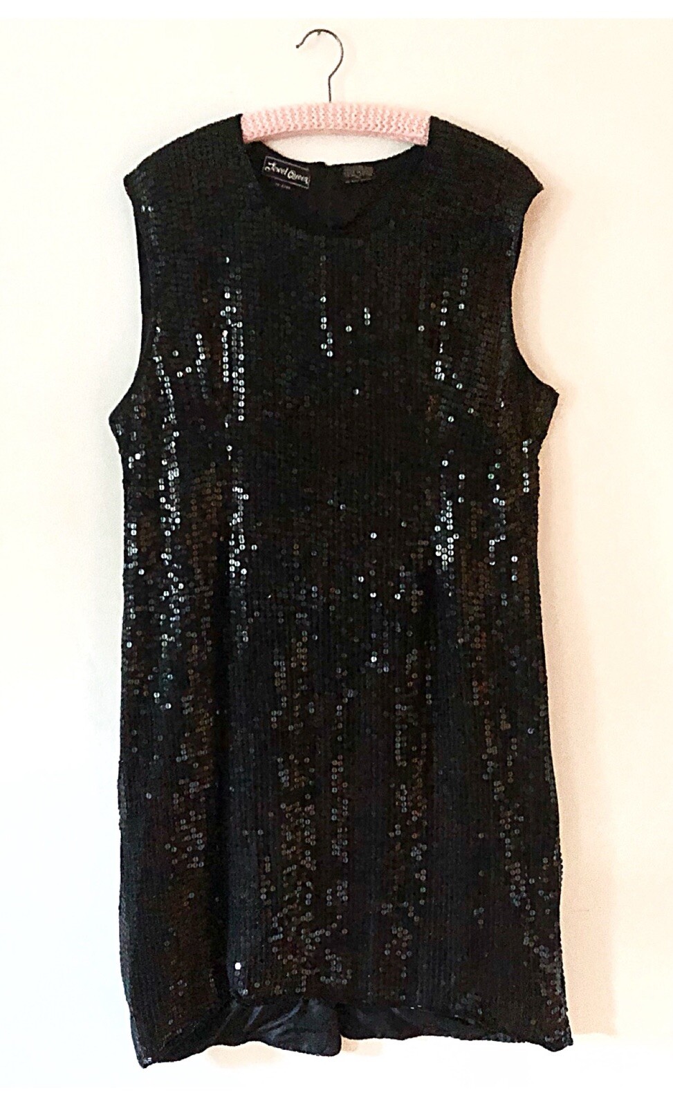 Vtg 80s Jewel Queen Black Sequin Sleeveless Sheath Dress XL