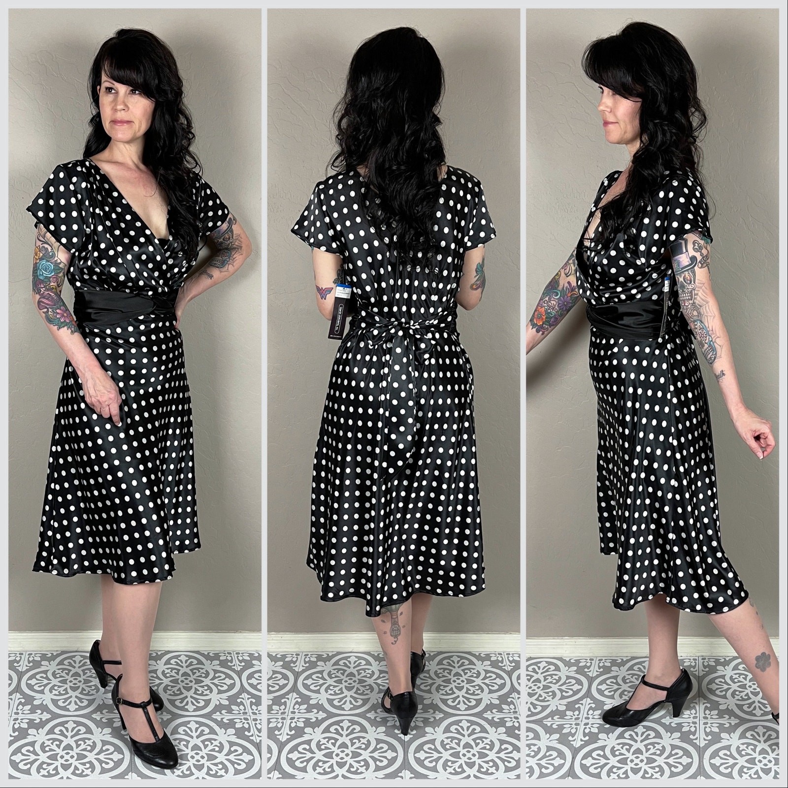 Vintage Y2K Black & White Polka Dot Tie Back Satin Dress – 32″ Waist