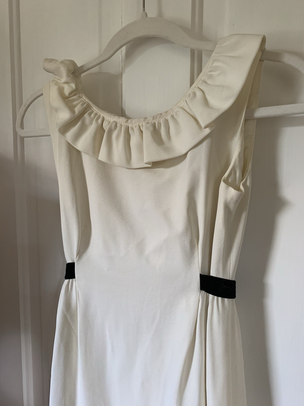 Vintage 1960s 1970s Cream/white maxi dress with Ruffles and black velvet ties. S