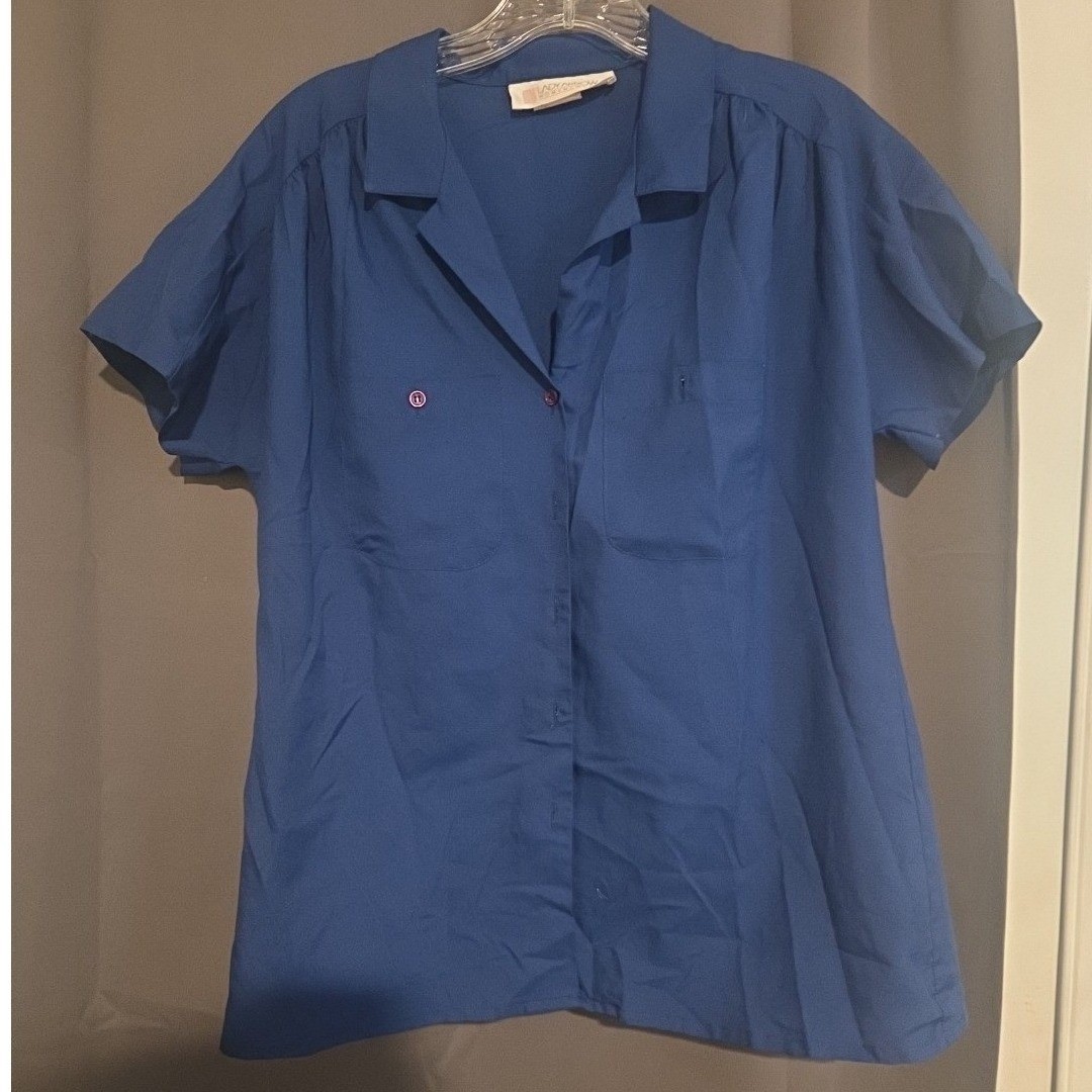 Lady Arrow Vintage Royal Blue Button Down, Woman’s Large Shirt. Notched Collar