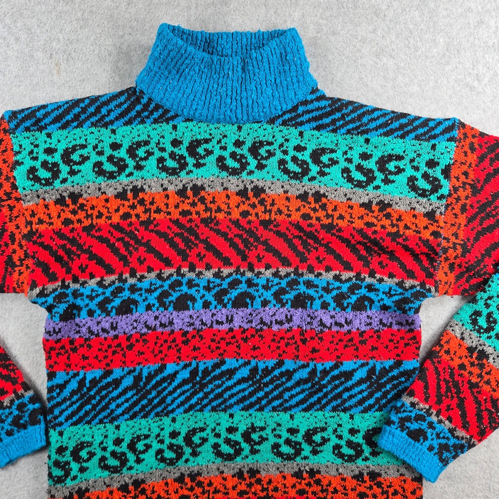 Gitano Sweater Women Large Multicolor Vintage 80s Animal Print Mock Neck Acrylic
