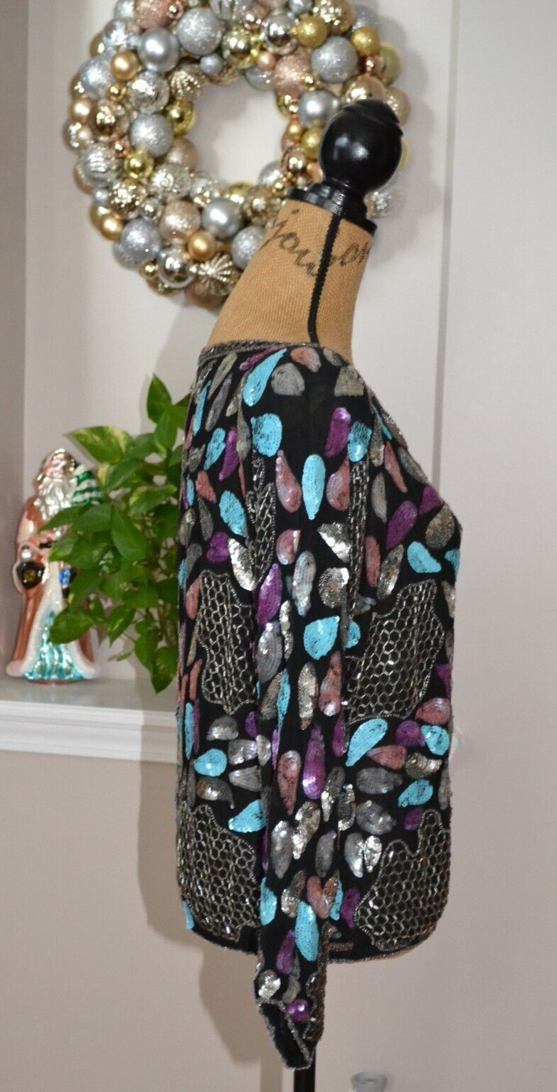 Pure Silk Vtg 1980 s Sequin Embroidered Beaded Blouse Designer Blouse sz M