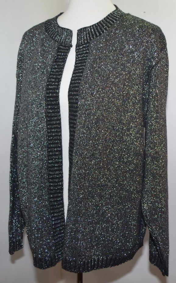 VTG Bedford Fair Black Silver Glittery open Front Cardigan Womens XL USA Made