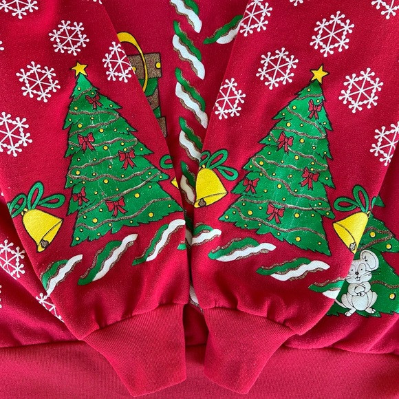 VTG Christmas Sweatshirt Cat Mouse Holiday Time Puffy Graphic Crewneck Med Red