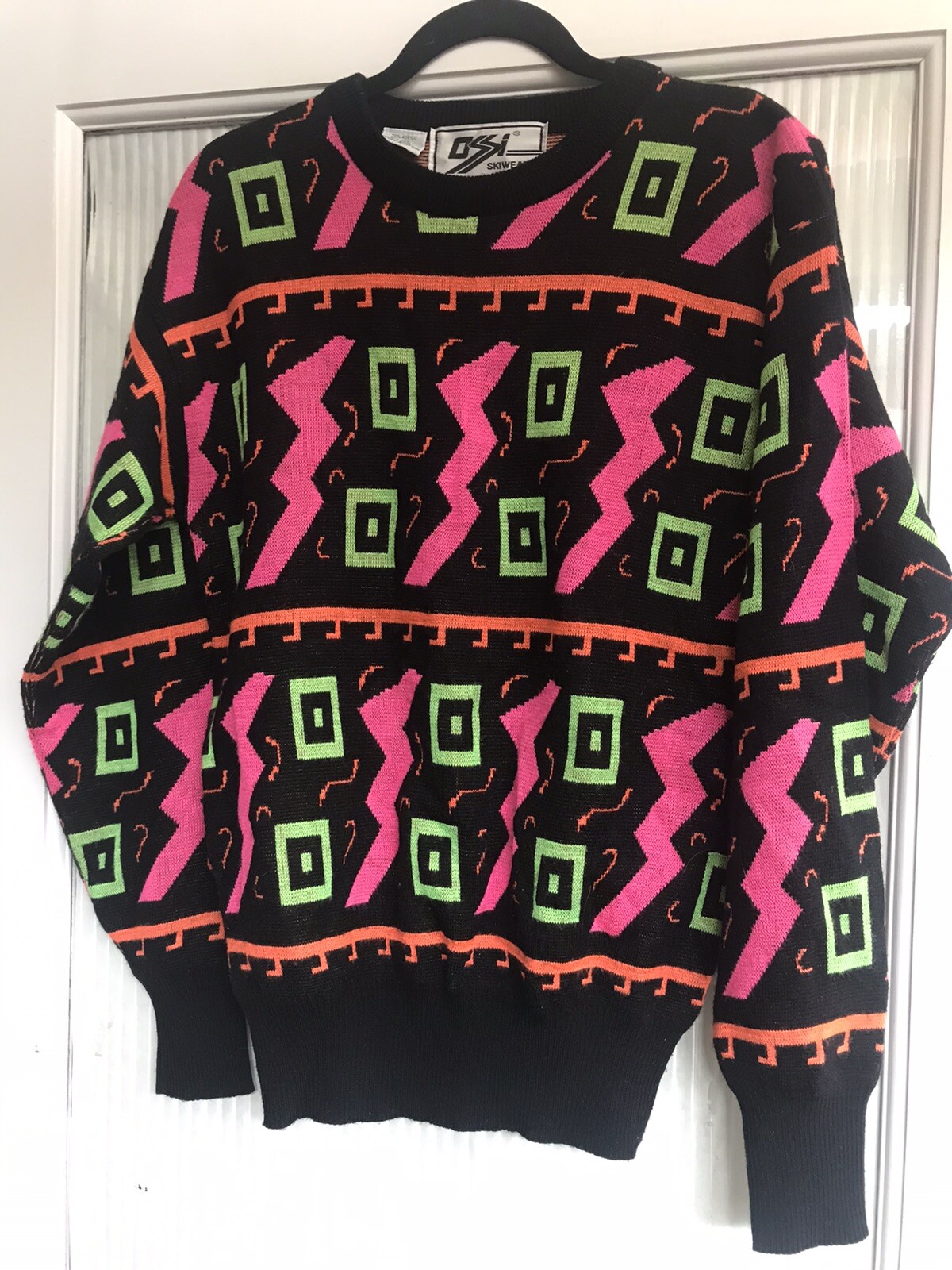Vintage Ossi Skiwear Ski Sweater Neon Orange/Pink/Green 80’s Acrylic Wool Small