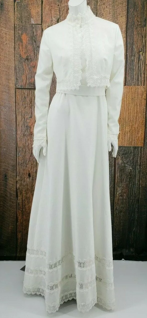 VTG House of Bianchi White Maxi Halter Wedding Dress Bolero Boho Hippie Lace