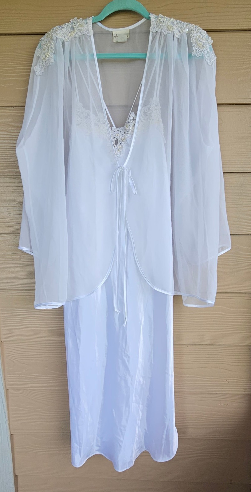 Vintage Intimo Amore White Beaded Satin Bridal Nightgown Sz XL & Sheer Robe Sz L