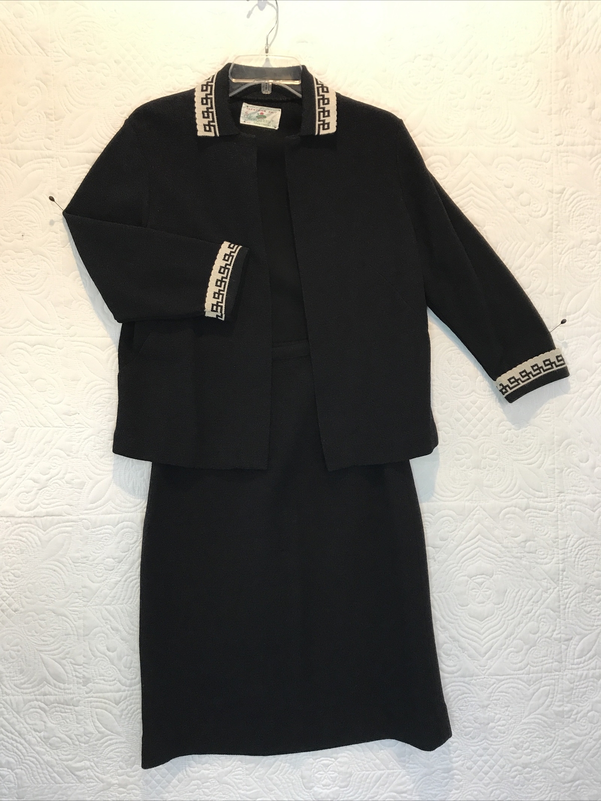 Vintage 1950s/60’s Women’s 2 Pc knit Sweater Skirt set Black White Greek Key