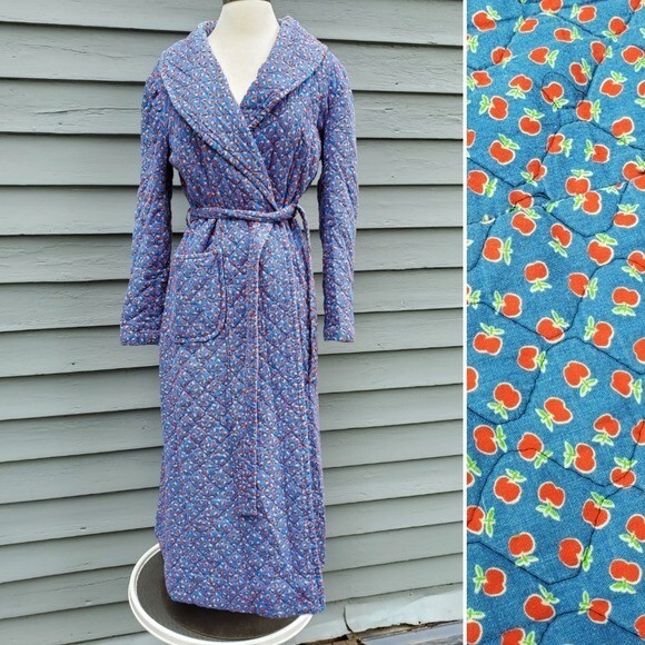 Vintage 70s Handmade Blue Red Apple Quilted Belted Housecoat Robe Trench Coat