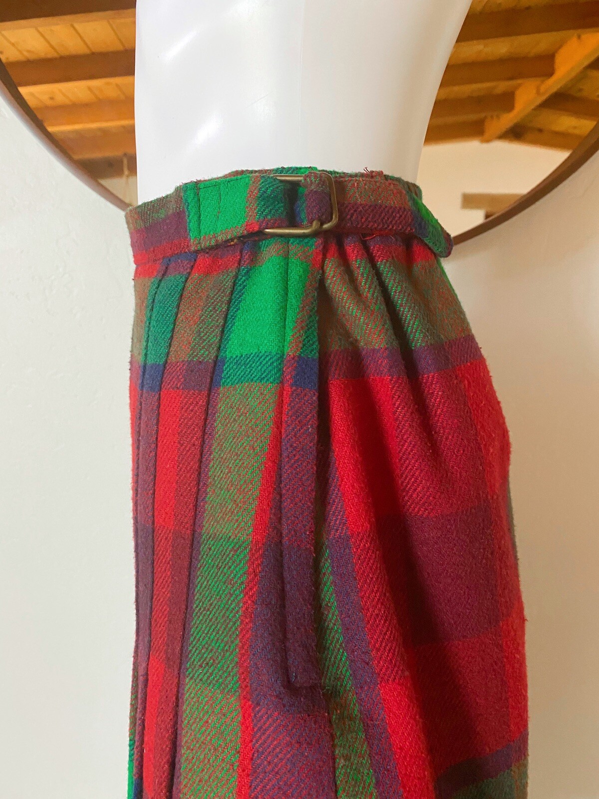 VTG 80’S HABERDASHERY PLAID SKIRT WOOL FRONT PLEAT SIDE ZIP BUCKLE FITS 26-28″W