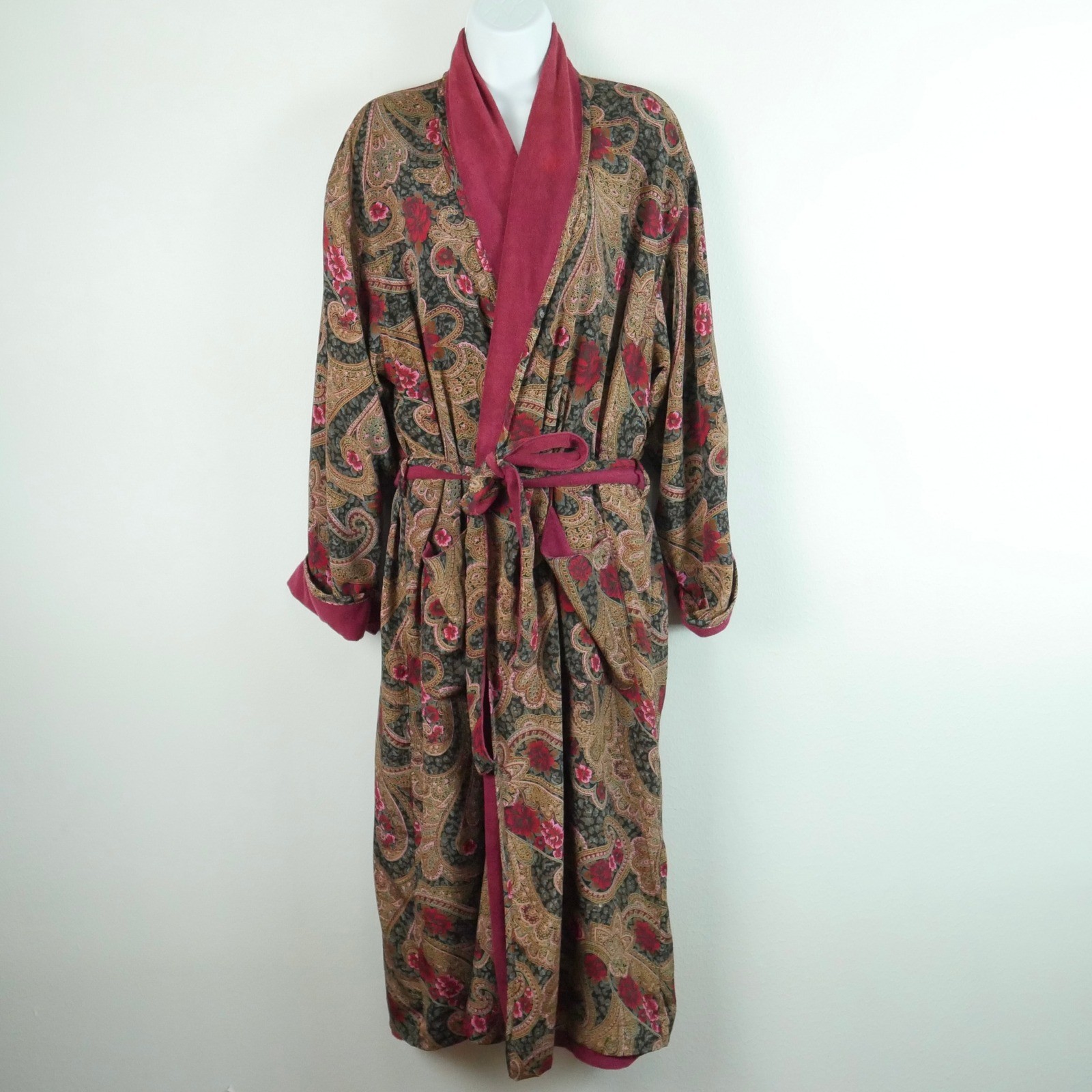 Vintage Victorias Secret Gold Label Paisley Floral Terry Lined Satin Robe 90s