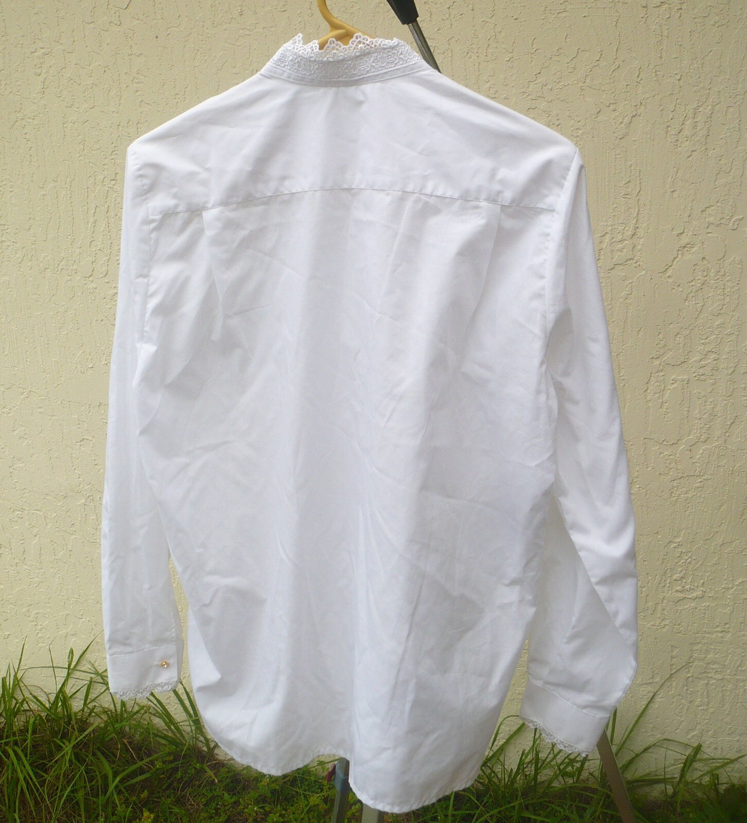 VTG 80 SOLID WHITE BLOUSE PINTUCK LACE S M BUTTON SHIRT POLY ALGODON COTTON LADY