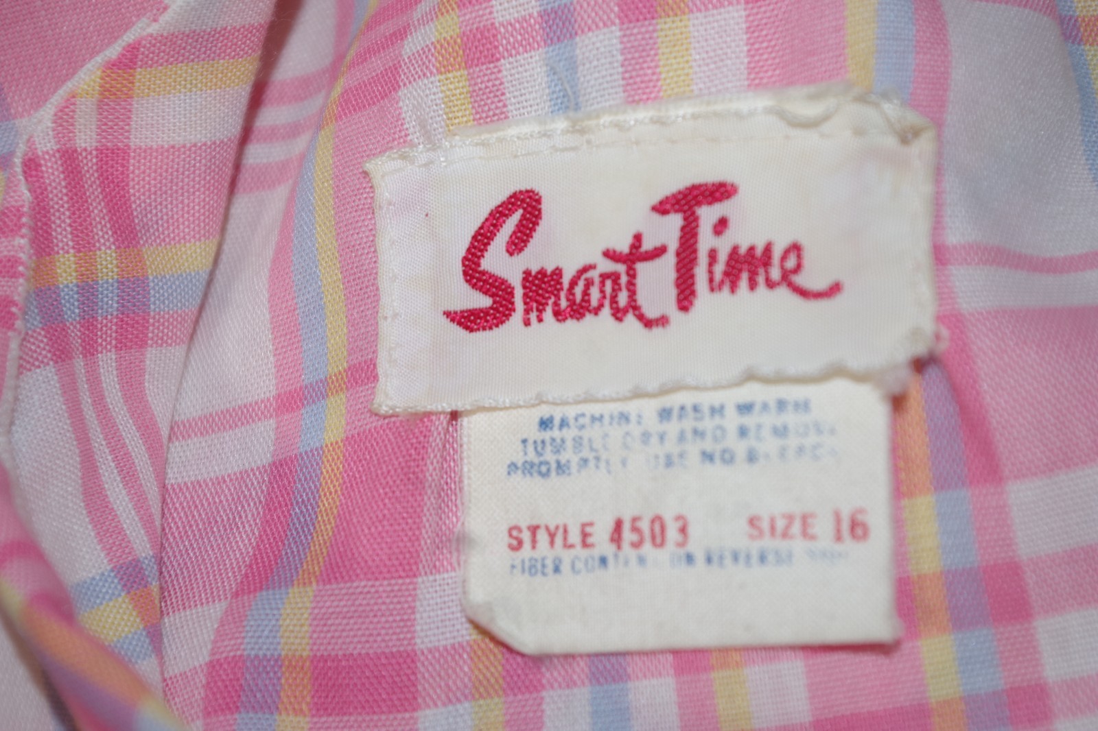 R1 – vintage Smart Time House Dress 16 Pink Plaid & White Eyelet Cap Sleeve