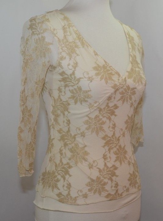 VTG 80s Wrapper Ivory Gold Lace Lined Fitted Sexy Top Women M USA Made