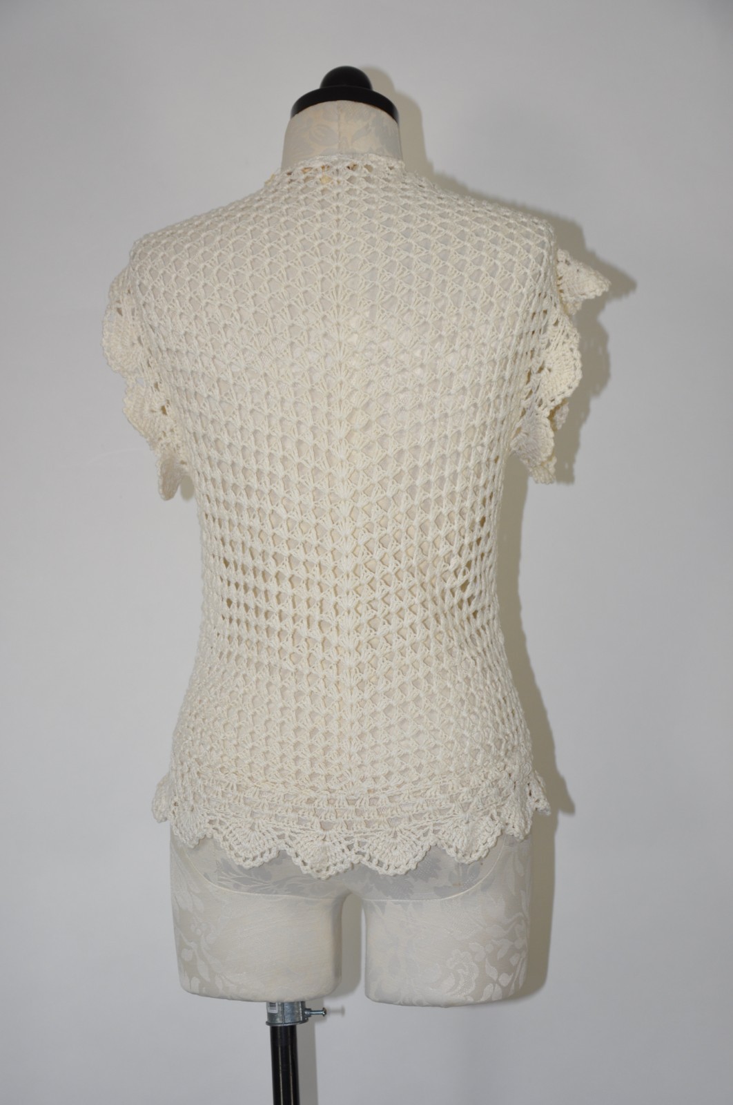 70s Cream Crochet Bohemian Knit Tank Top Sleeveless Pullover Sweater Women S M
