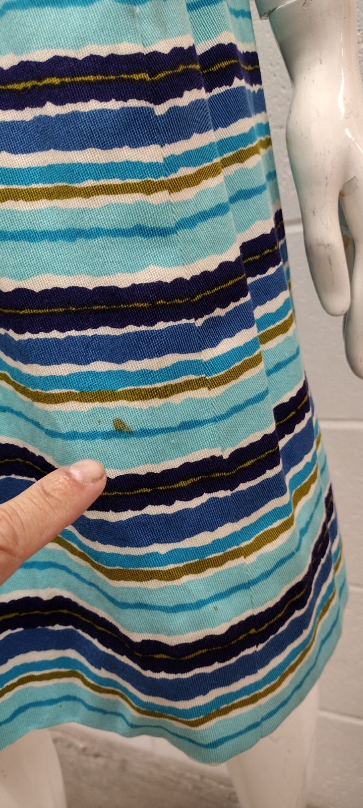 Vintage MCM Papillon Dress Audrey Style Mid Century Stripes Avocado Blue W 24″