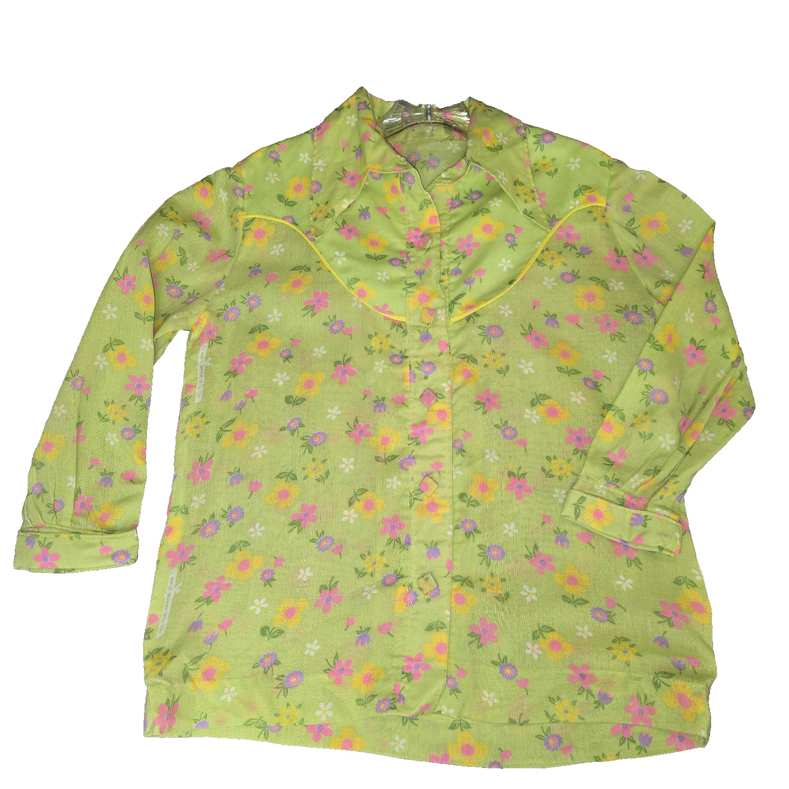 Vtg 1970s Flower Power Button Up Shirt Western Yoke Piping Green Pink Yellow