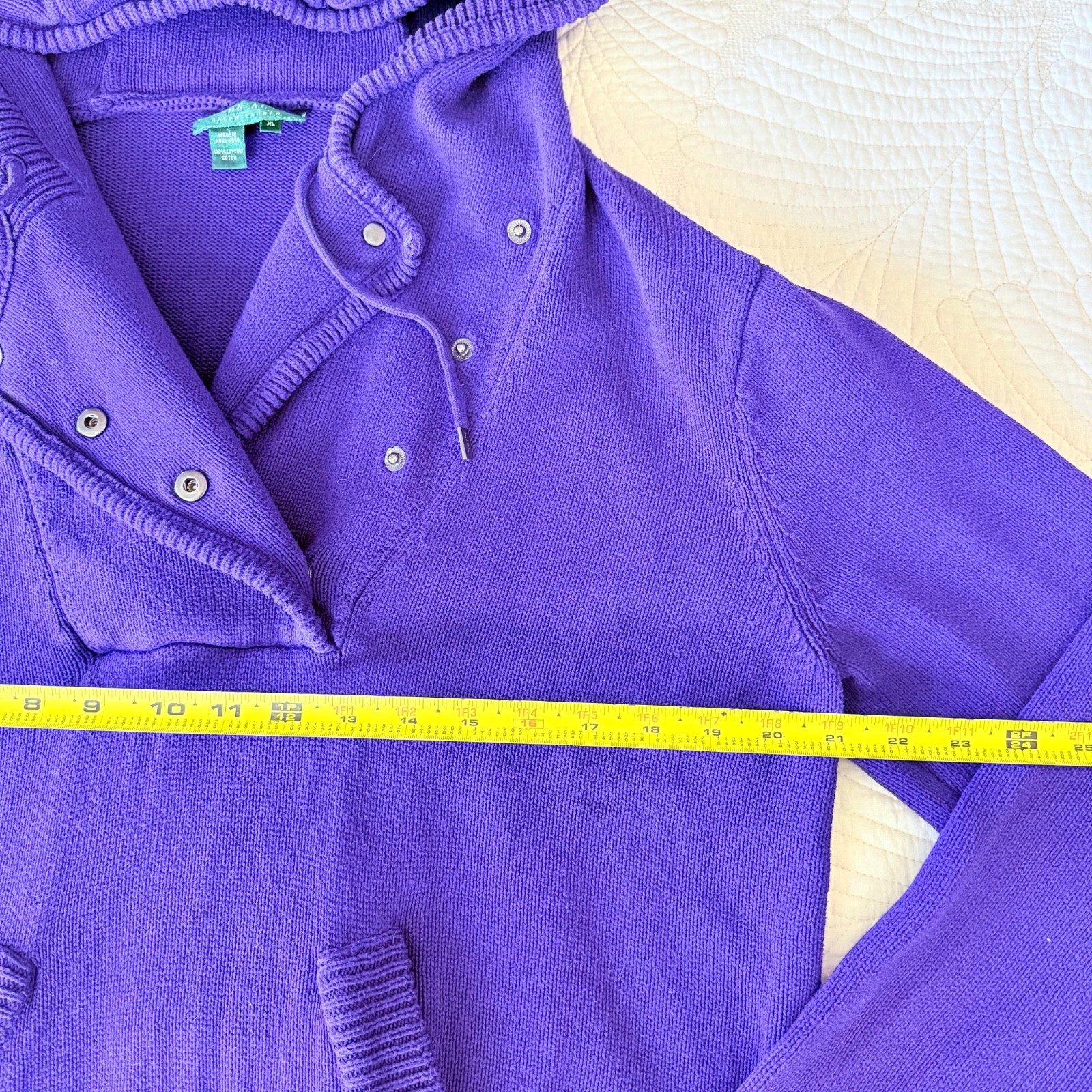 VTG Preppy Old Money LRL Ralph Lauren Hooded Knit Sweater Purple 100% Cotton XL