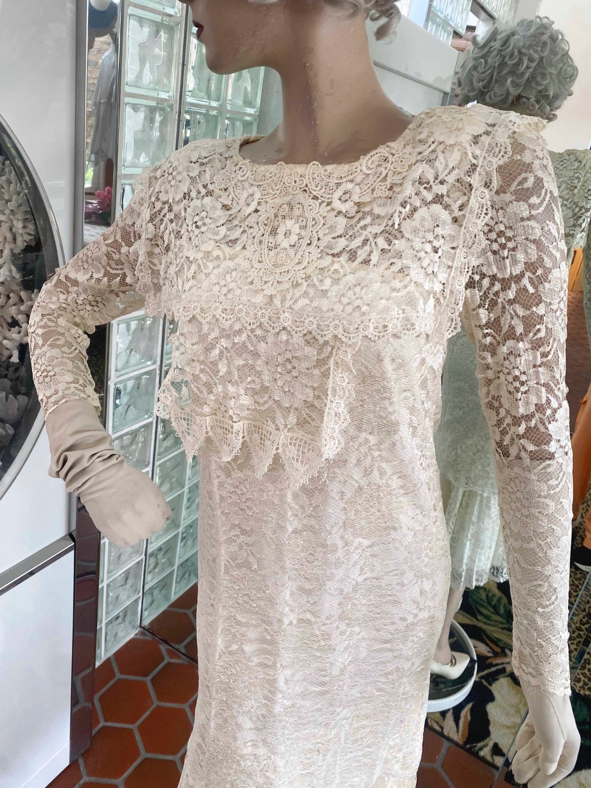 VTG 1980s copies 1920s-Ivory Lace Drop Waist Dress size XSP Fapper Gatsby