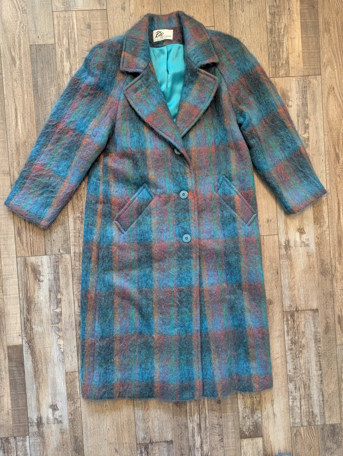 Vintage 70s 80s RIEL Coat Company Blue Rainbow Mohair Long Jacket Union made
