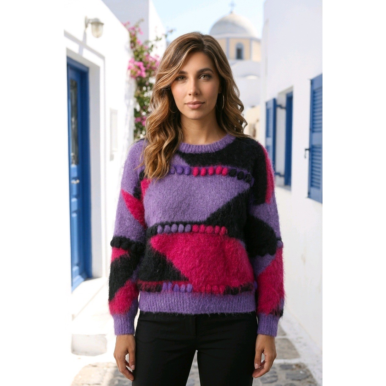Vintage 80s L Angora Lambswool Abstract Colorblock Fuzzy Sweater Purple Pink