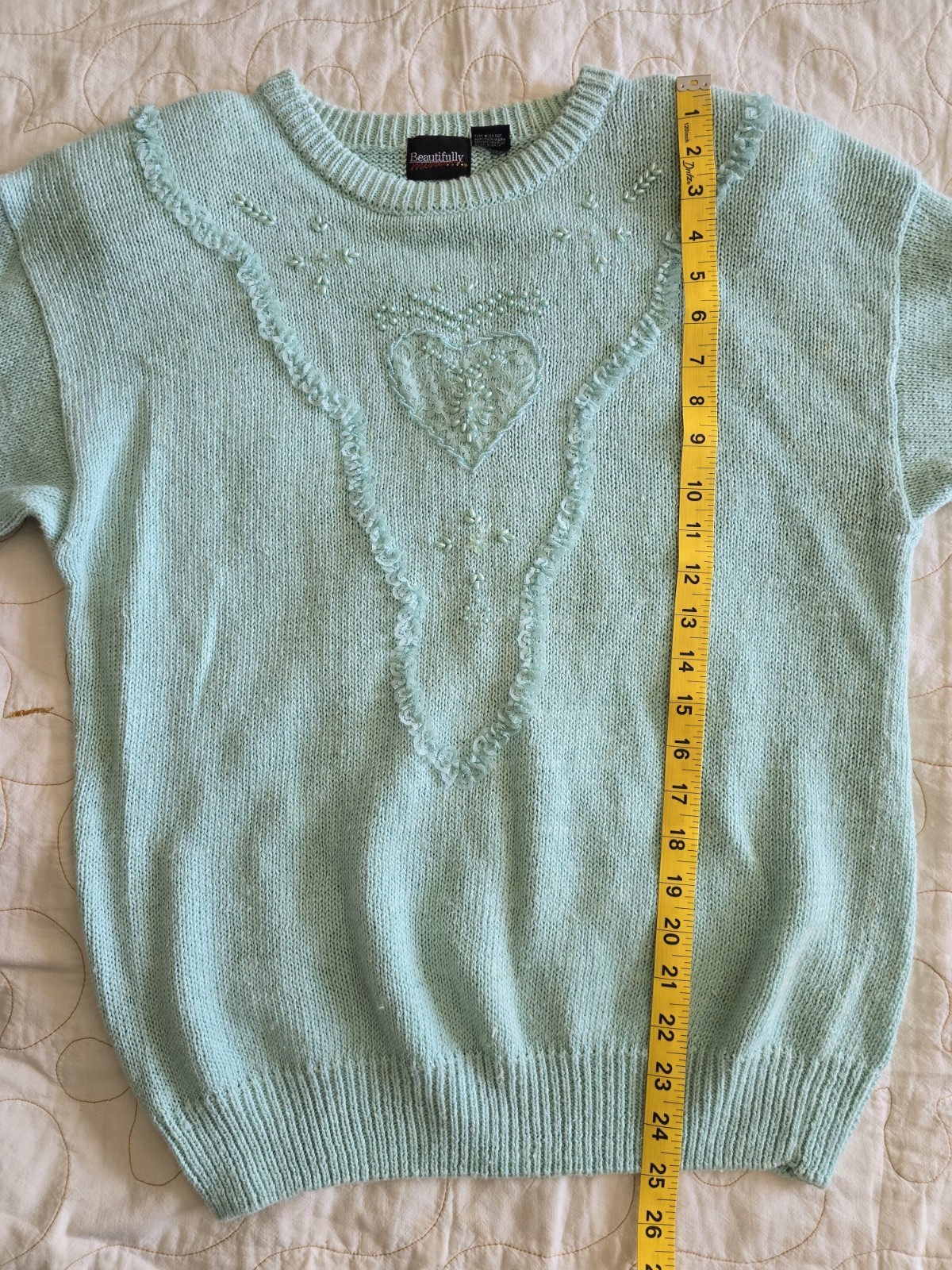 Vintage 80s Mint Green Beaded Heart Sweater Womens Med Cottagecore Grandmacore