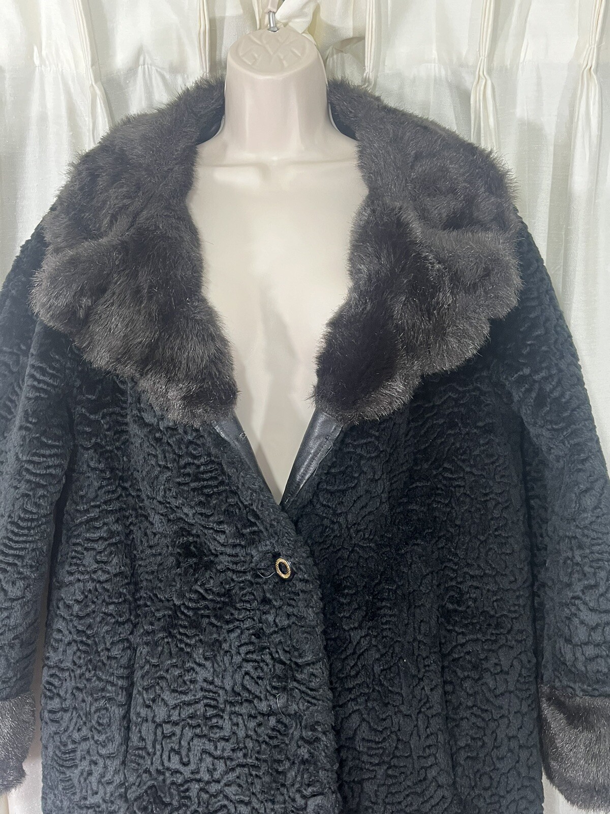 Vintage Coat Penny Lane Embossed Black Velvet &Brown Faux Fur 60s/70s Size L/XL