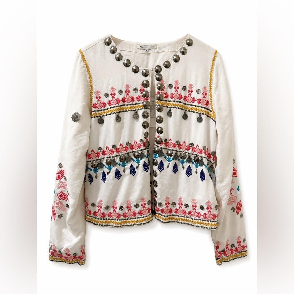 Nina Kaufmann Handmade Embroidered Coin Jacket L Western Festival Ecru NKG2134