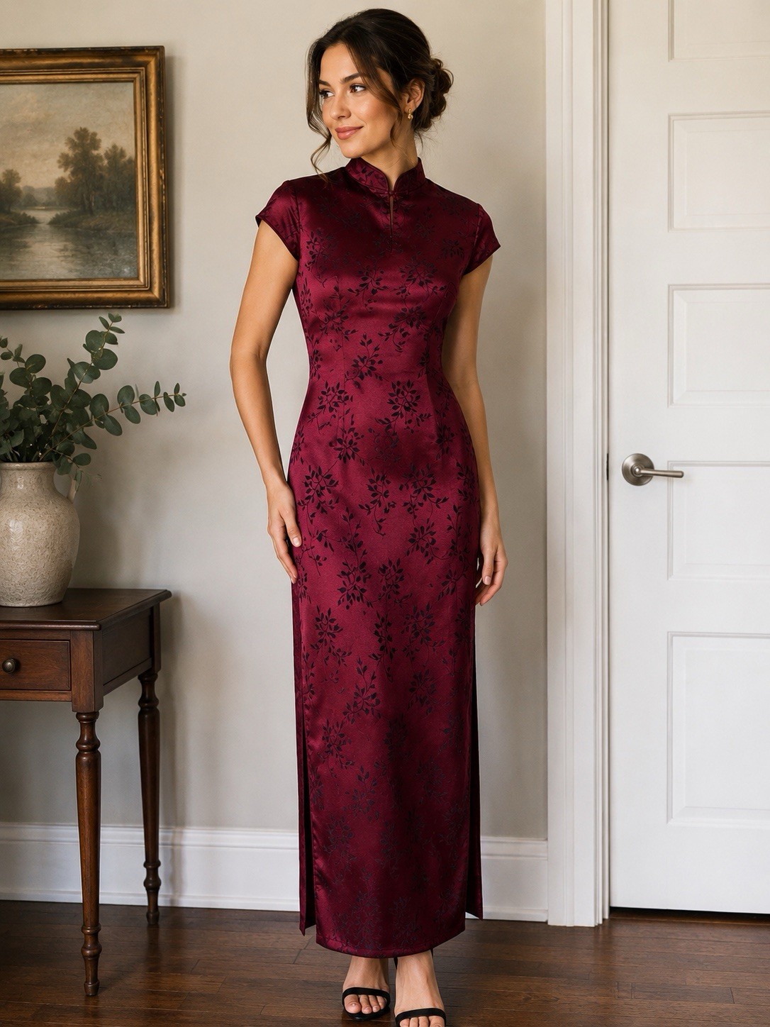 Vintage 90s Dawn Joy Satin Cheongsam Maxi Dress Burgundy Floral Goth Y2K 7/8