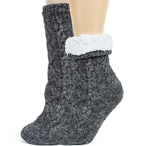 Slipper Socks for Women with Grippers Non Slip, Sherpa Lined Large Grey Marl
