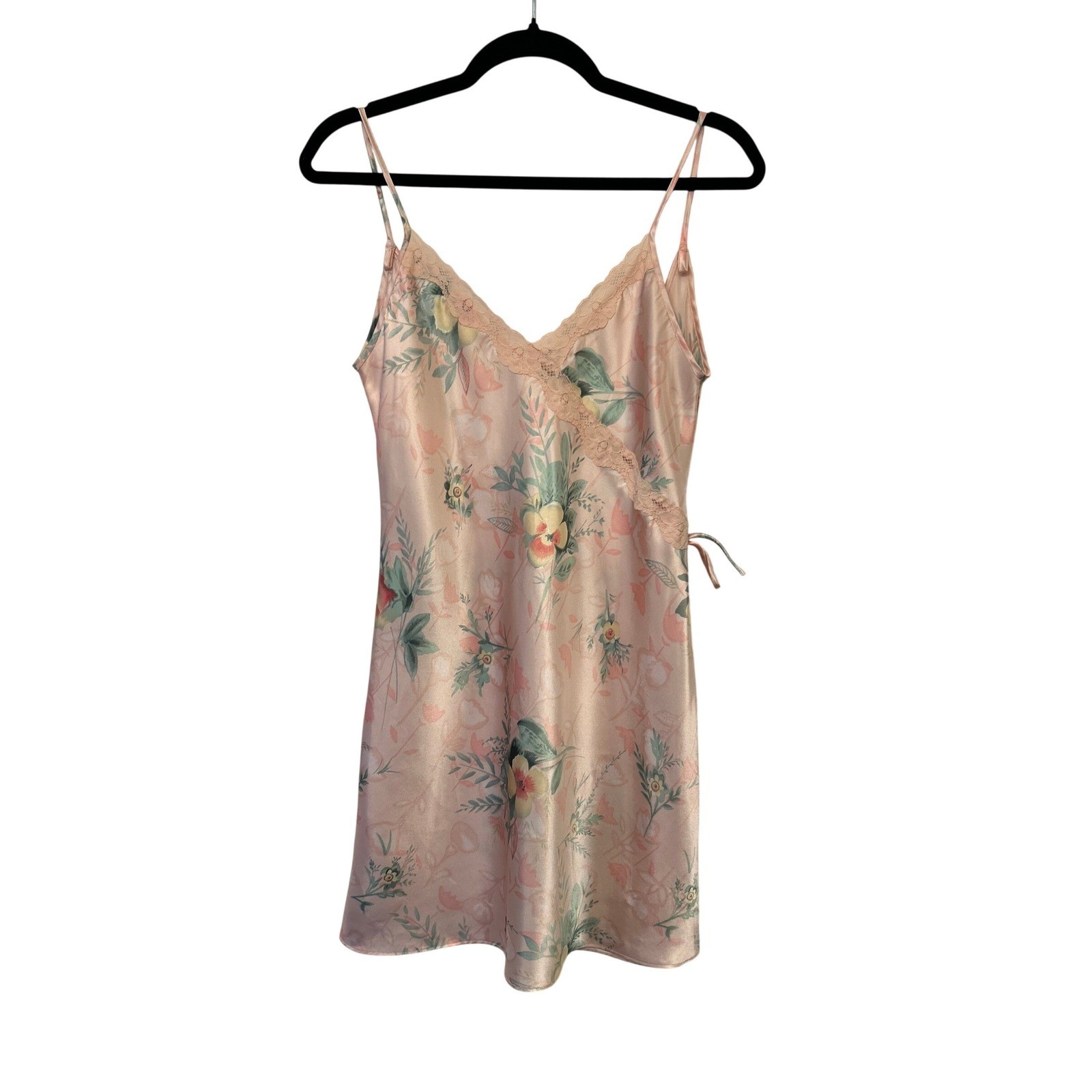 Vintage 90s Pink Floral Satin Slip Dress XS Open Back Lace Mini Nightgown Fairy