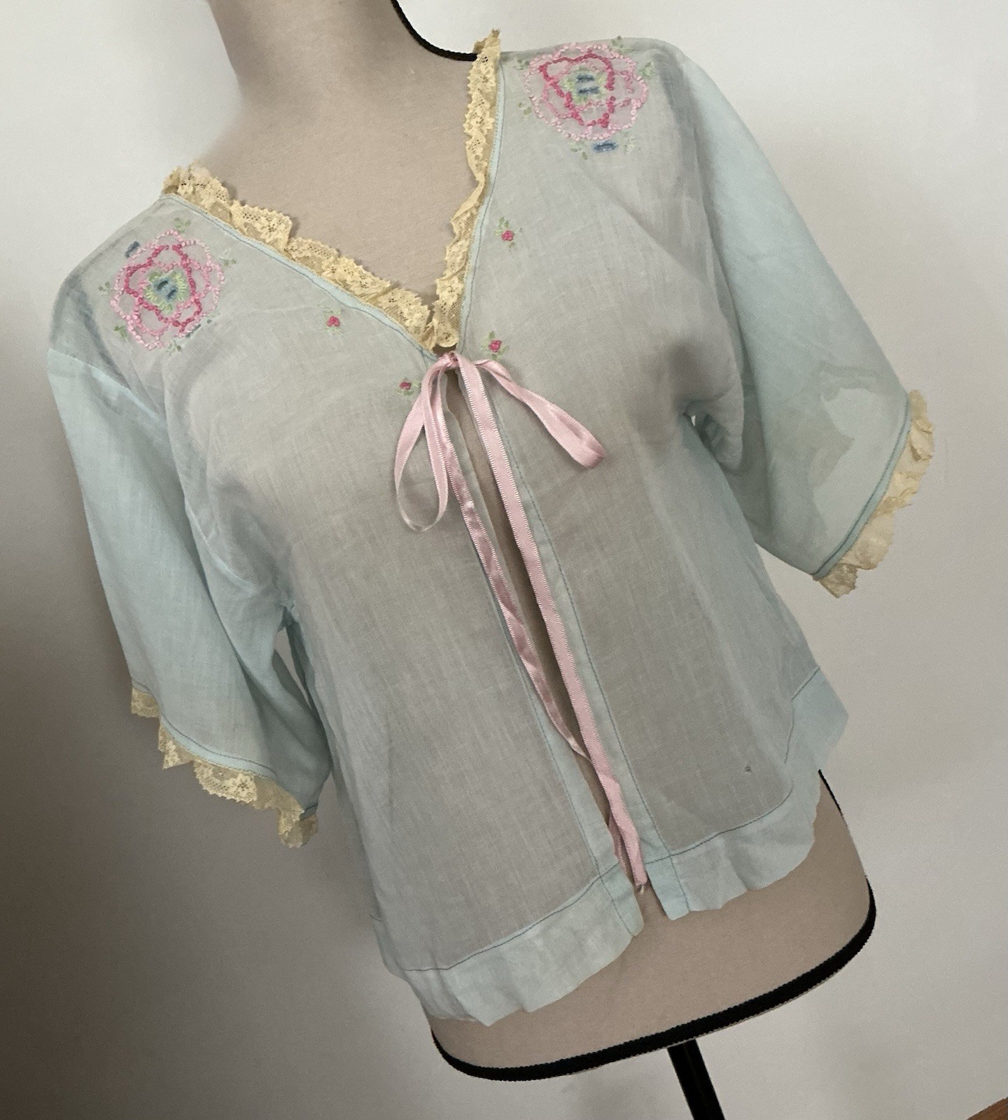 Vintage 1920s Baby Blue Lace Sheer Muslin Bed Jacket Flapper Embroidered Florals