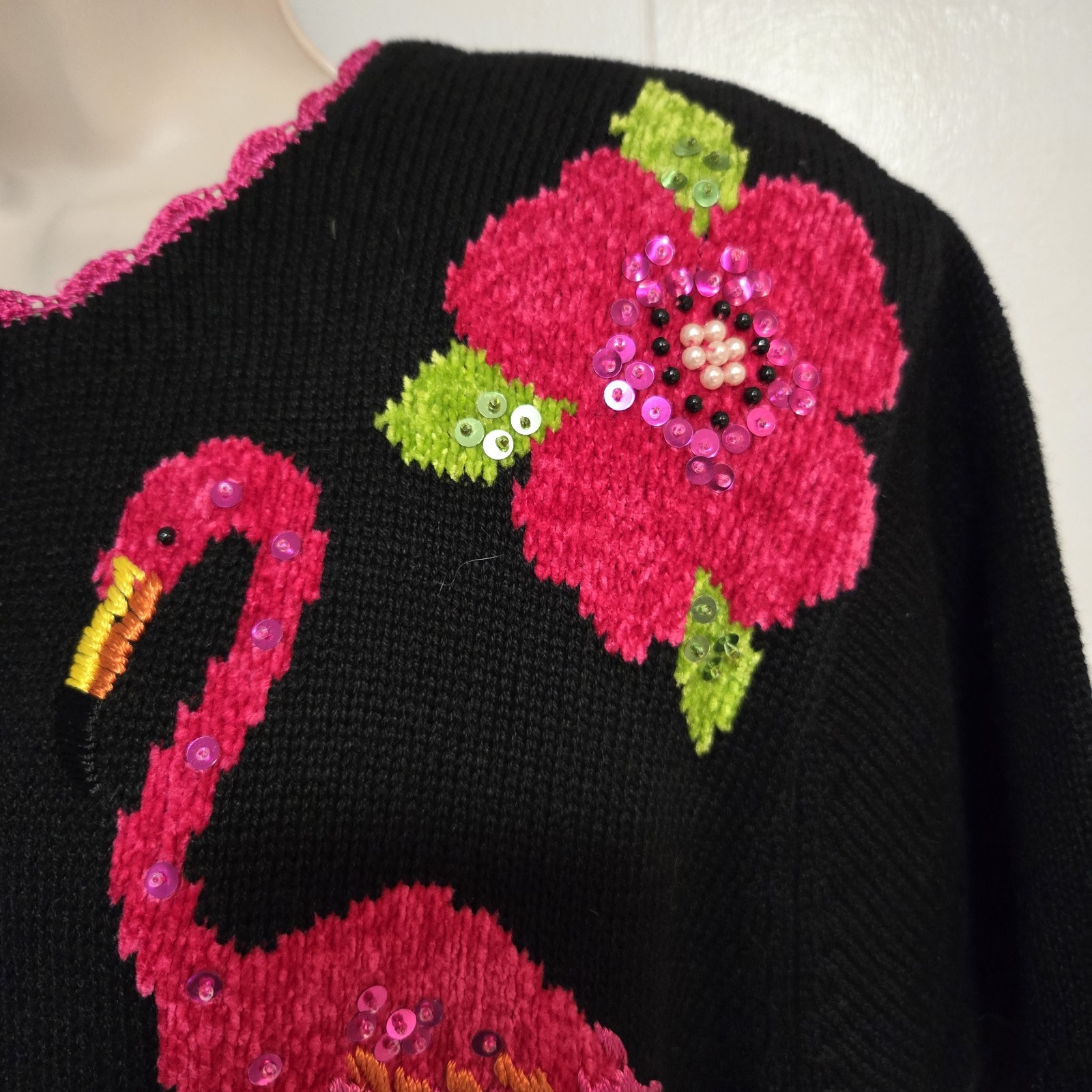 Victoria Harbour Size S Cardigan Sweater Black Pink Flamingo Beaded NEW