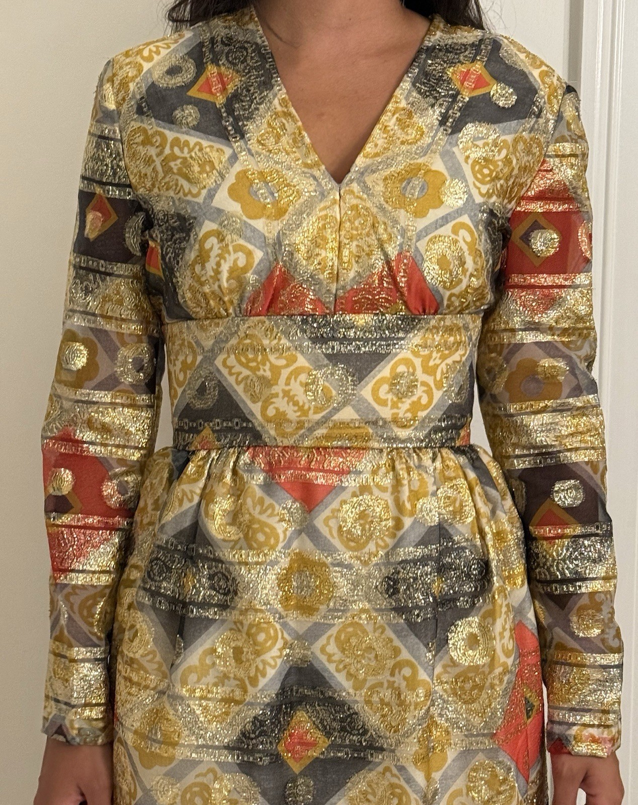 Vintage 70s Joseph Magnin Metallic Brocade Maxi Dress Gold Lurex Evening Gown