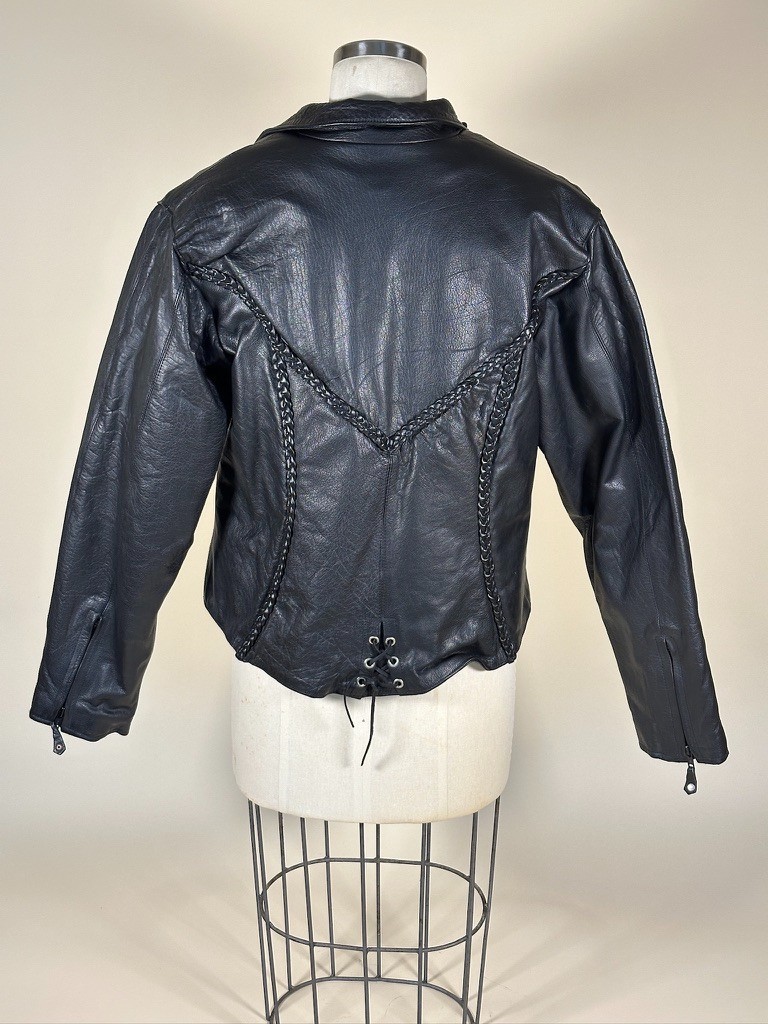Vintage Leather Club Black Leather Moto Jacket Braided Western Bikers Womens XL