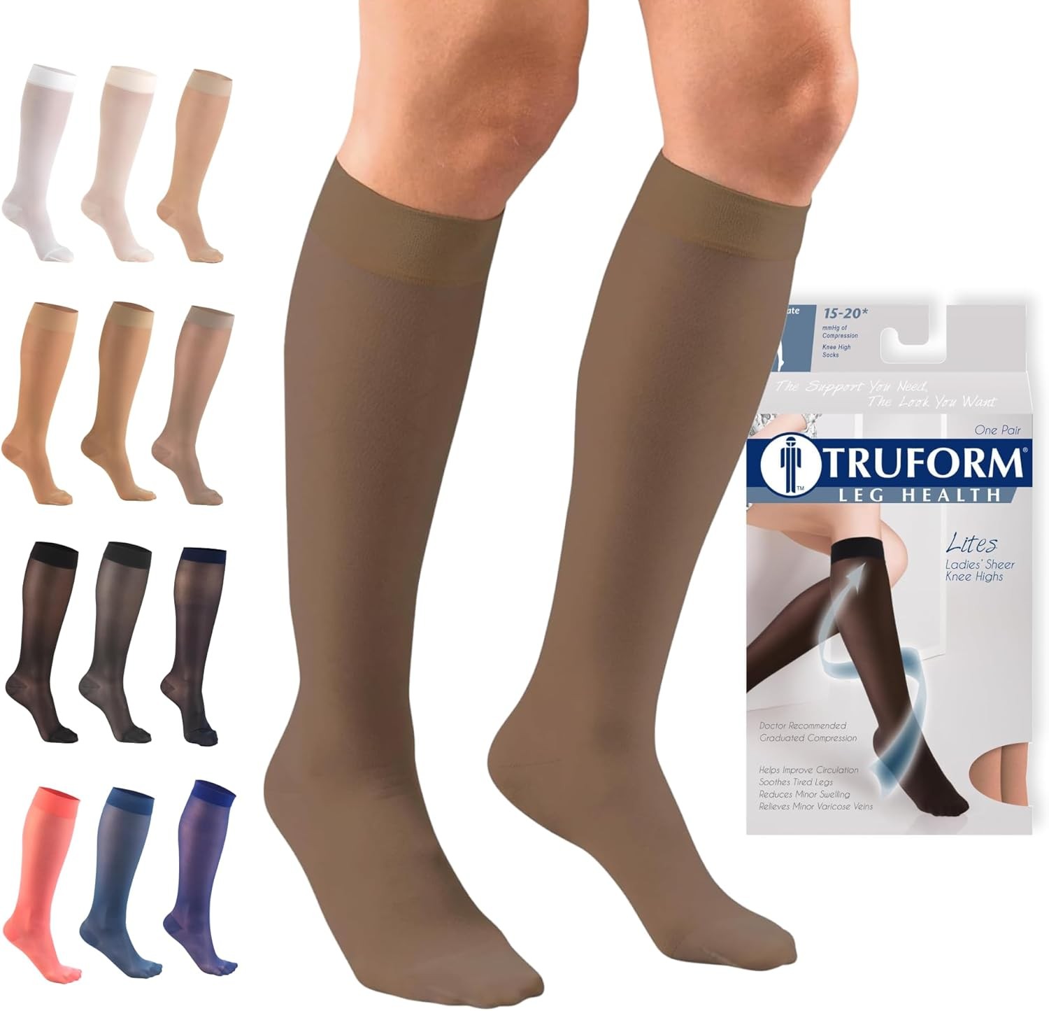 Truform Sheer Compression Stockings, 15-20 mmHg, Women’s Knee High Length, 20 De