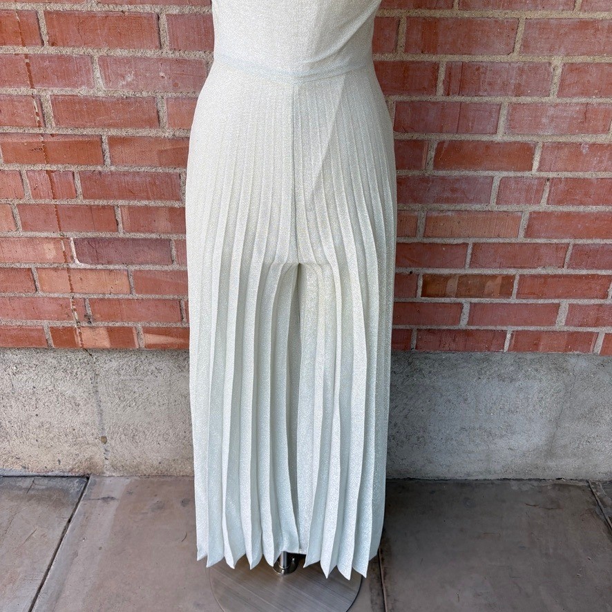 Vtg Miss Shaheen Silver Pleated Wide Leg Jumpsuit Size 10 Disco Retro