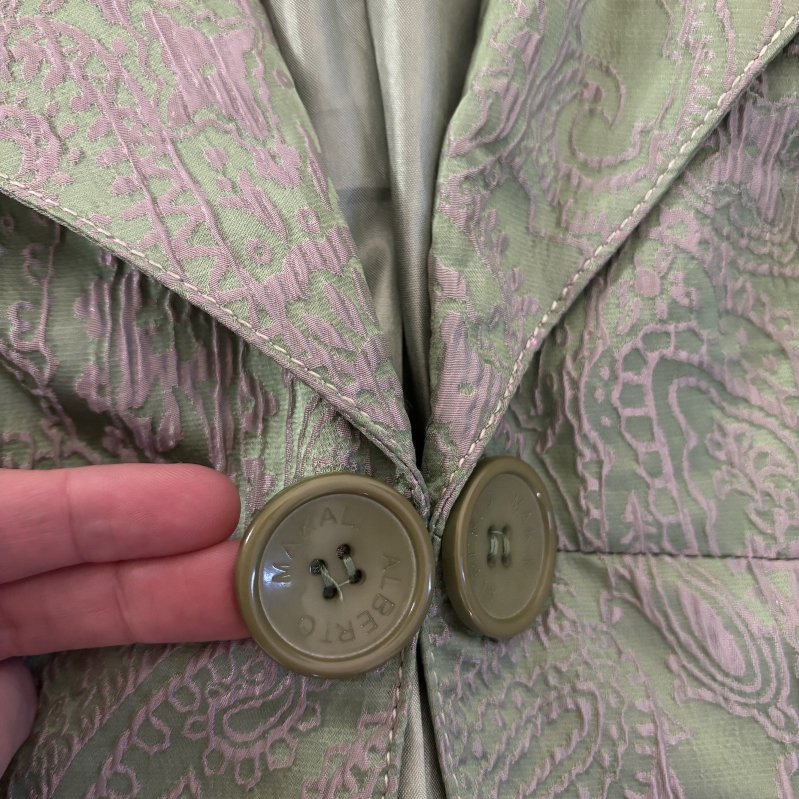 Alberto Makali Blazer Jacket Women’s 8 Paisley Green White 2 Buttons Short Silk