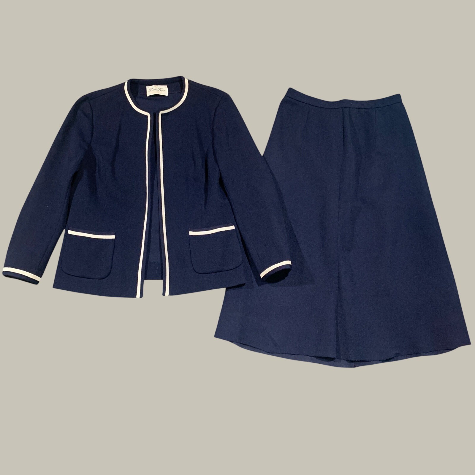 Butte Knit Skirt Suit Womens Navy Blue Vintage 60s 70s Mod Contrast Trim Set