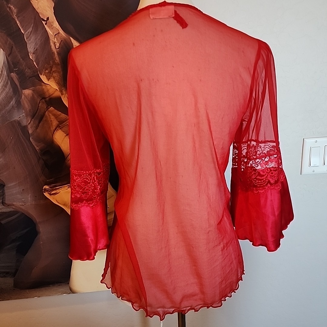 Vintage Intimo Amore Bed Jacket Red Sheer One Size Lingerie Bell Sleeve
